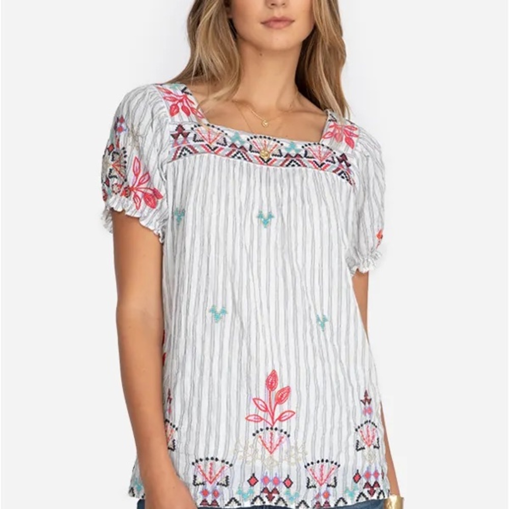 Johnny Was Embroidered Puff Sleeve Peasant Top